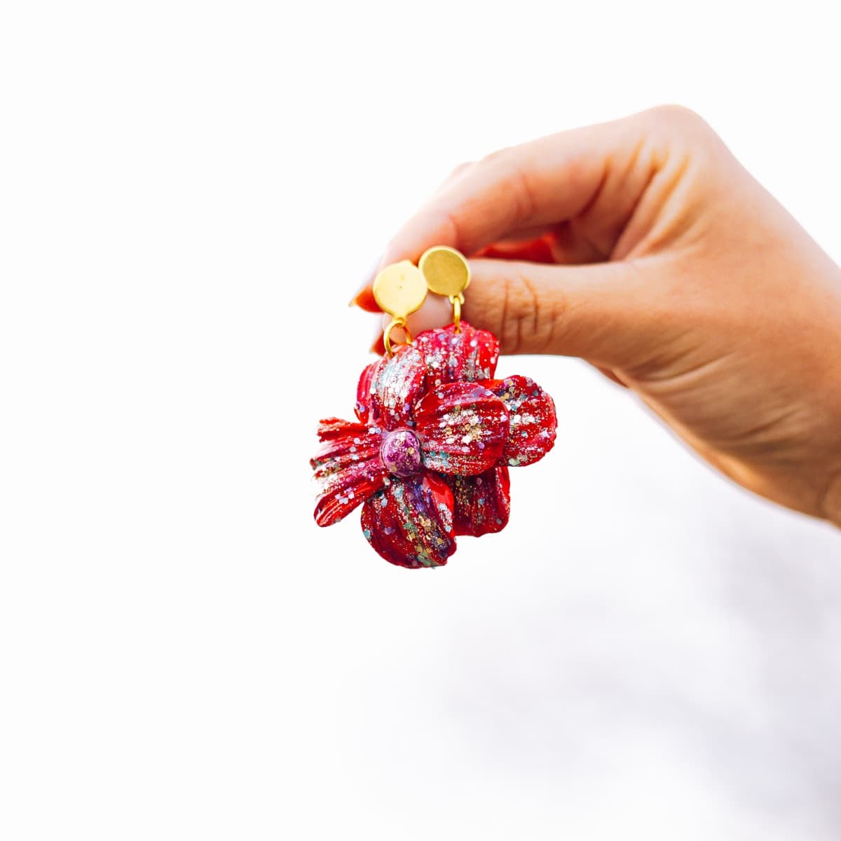 Pendientes Flor Roja con Glitter